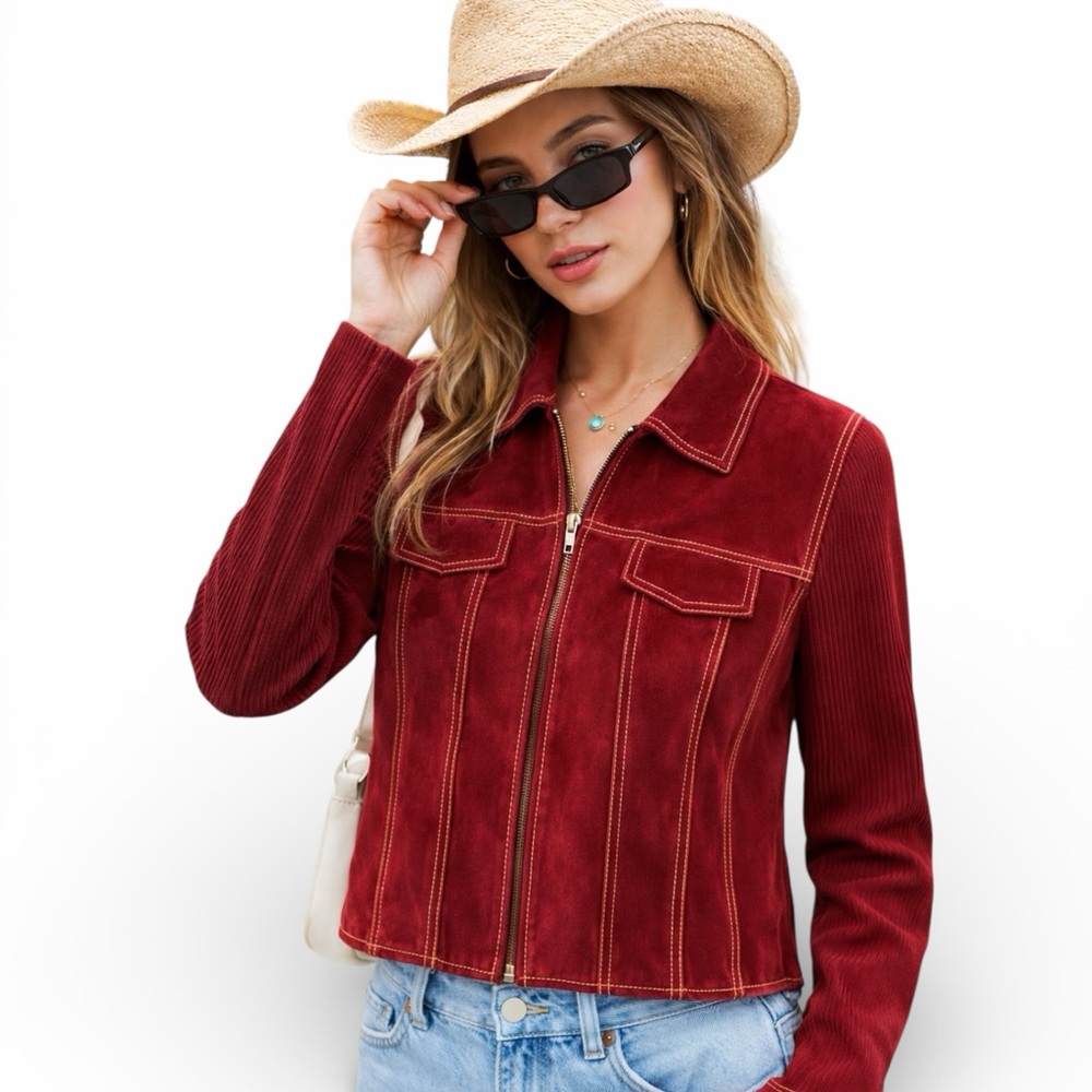 Western Leather Jacket Red Knit Sleeves Zip Front Women’s 8
